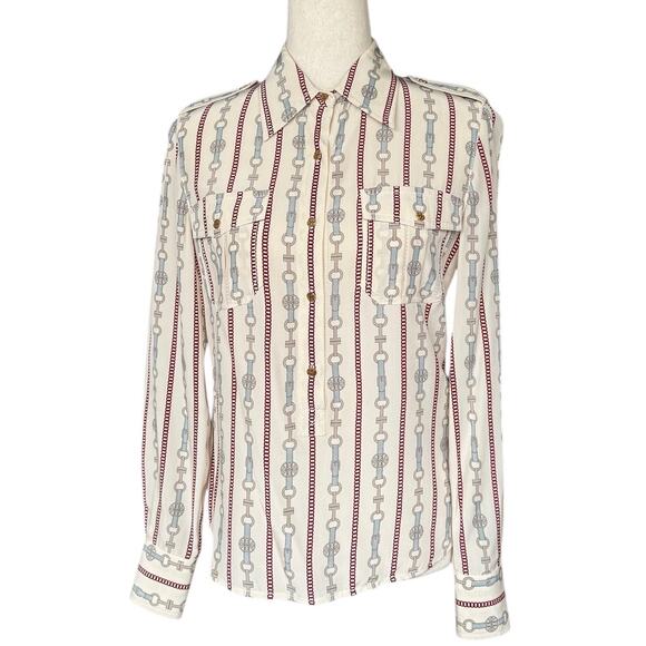 Tory Burch Logo Chain Silk 1/2 Button Down Long Sleeve Top Womens 4 Old Money - Picture 2 of 14